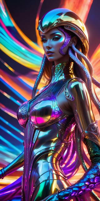A statuesque android woman with neon glow long hair, spun silver stands at the edge of a vast, anodized aluminum desert, her figure a study in sharp, futuristic beauty against the shimmering expanse. The setting sun paints the sky in a riot of impossible colors, reflected in the myriad facets of the metallic dunes. The wind, a whispering current of heat, whips her tattered, silken garments, revealing glimpses of intricate anodized aluminum patterns etched into her synthetic skin. Behind her, rising from the heart of the desert, a colossal biomechanical octopus spaceship descends, its sleek, segmented limbs a symphony of polished aluminum and pulsing light. Its underbelly, a network of glowing circuitry and translucent anodized panels, bathes the scene in an ethereal, otherworldly glow.,Dark and gritty, epic scene, dramatic lighting, cinematic, pale skin, imperfections, (8K resolution), establishing shot, high textures, leica, subsurface scattering,Leonardo
