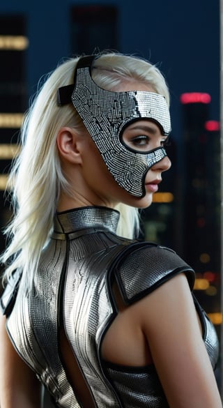 A cyber-noir portrait emerges: a young woman with platinum blonde hair contrasts against the ink-black cyberpunk cityscape veiled behind her. Her hair is undercut with neon tracers that emulate the city's electric veins, a stark silhouette against the night. She wears a high-tech dress, its white fabric edged with angular, black graphene accents. The dress, embossed with interactive gold leaf circuits, reacts with subtle luminescence to her movements. Half her face is obscured by a shattered porcelain mask, now integrated with obsidian-black nanofibers and golden circuitry that whirs silently, reflecting a world of shadows and artificial light. The mask's eye socket glows ominously, revealing her serious expression through a visor displaying cryptic data streams. Dramatic underlighting carves out her figure, casting her in a web of shadows and accentuating the fine, dark details of her cybernetic enhancements, crafting a portrait that is provocatively cyberpunk yet rooted in a dark, textured reality.
