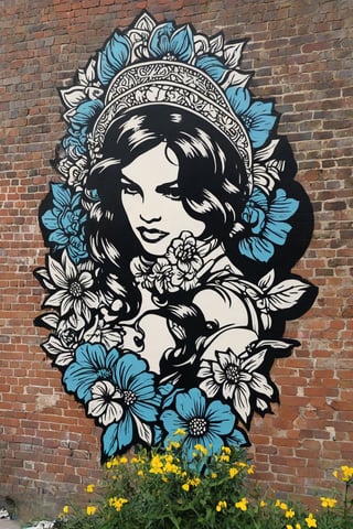 woman, flowers, stencil art, style Shepard Fairey, highly detailed, brick wall, white black blue yellow