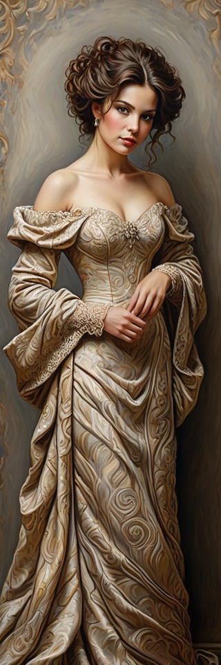 A richly textured oil painting of an elegant woman in a vintage gown, the thick brushstrokes giving life to her curled hair and the fabric’s intricate patterns