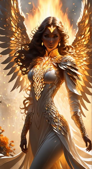 In a garden of fire and crystal, white, stands a breathtakingly beautiful woman. Intricate lattices of molten gold can be seen molded directly into her pearly white skin. This second skin, a blend of grace and brutality, glows with an inner light and reflects the desolate landscape around it. It frames her silhouette in the darkening light. Huge wings of fire, silhouettes, long shadows, beautiful sky, beautiful cape, reflections, black bodysuit,