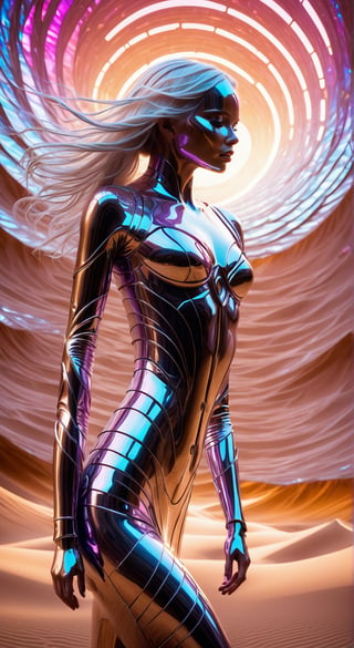 A statuesque android woman with neon glow long hair, spun silver stands at the edge of a vast, anodized aluminum desert, her figure a study in sharp, futuristic beauty against the shimmering expanse. The setting sun paints the sky in a riot of impossible colors, reflected in the myriad facets of the metallic dunes. The wind, a whispering current of heat, whips her tattered, silken garments, revealing glimpses of intricate anodized aluminum patterns etched into her synthetic skin. Behind her, rising from the heart of the desert, segmented limbs a symphony of polished aluminum and pulsing light. Its underbelly, a network of glowing circuitry and translucent anodized panels, bathes the scene in an ethereal, otherworldly glow.,Dark and gritty, epic scene, dramatic lighting, cinematic, pale skin, imperfections, (8K resolution), establishing shot, high textures, leica, subsurface scattering,skpleonardostyle