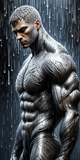  a muscular man, zentangle silver skin, short hair, upperbody, heavy rain, sad, detailed painting, epic comic book art,  by vovin, intricate and intense oil paint, perfect anatomy, side view,dripping paint,Leonardo