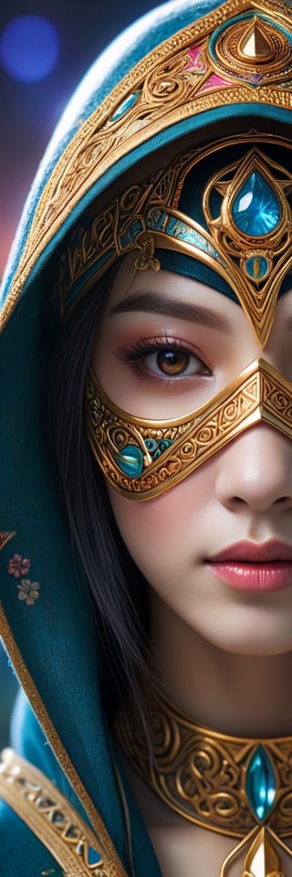 Full facial mask on a hooded cute female magician warrior adorned with asymmetric designs,closeup portrait, macro photo of miki asai, light smile, interwoven arcane and illuminati symbols including Eye of Horus, vibrant hues, hyperdetailed, elaborate craftsmanship, mysterious aura, digital painting, digital illustration, extreme detail, 4k, ultra HD.