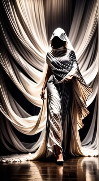 Split Lighting style,A modern artistic photograph of a woman, enveloped by an array of sweeping, flowing fabrics. This image captures the essence of contemporary art photography with a strong emphasis on light, shadow, and high contrast. adds a sense of mystery and anonymity, while the dynamic arrangement of the fabrics creates a sense of movement and fluidity. The photograph uses a monochrome color scheme to focus on the dramatic interplay of light and dark, highlighting the delicate textures and patterns of the fabrics against the woman's obscured face.