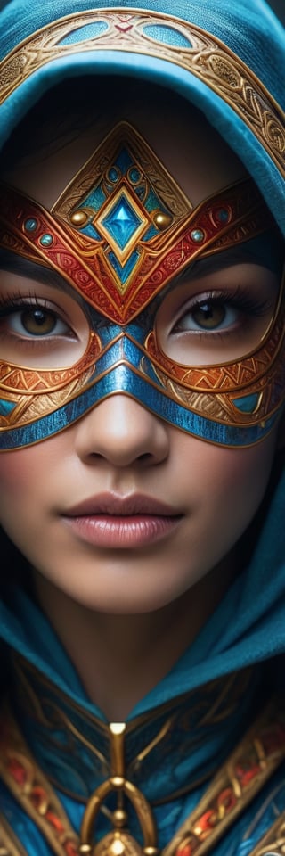 Full facial mask on a hooded female magician warrior adorned with asymmetric designs,closeup portrait, macro photo of miki asai, interwoven arcane and illuminati symbols including Eye of Horus, vibrant hues, hyperdetailed, elaborate craftsmanship, mysterious aura, digital painting, digital illustration, extreme detail, 4k, ultra HD.