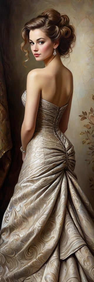 A richly textured oil painting of an elegant woman in a vintage gown, the thick brushstrokes giving life to her curled hair and the fabric’s intricate patterns,