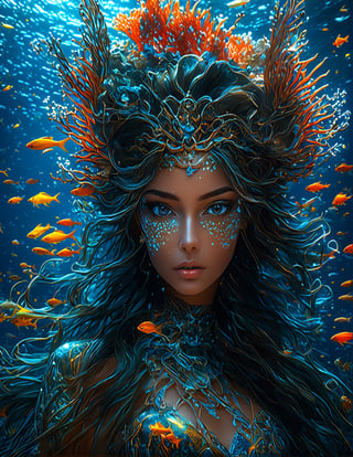 dynamic shoot portrait, beautiful Anfitrite the goddess of the sea, holding a trident ((Vibrant depictions of sound wawes)), colorful marine creatures, water bubbles, symphony, sweet expression, symphony of waves, sea melodies, vivid colors, 8k, inspired by Michael Cheval, beautiful eyes, perfect hands, beautiful face + symmetrical face,  highly detailed, intricate complexity, juxtaposing, epic composition, (intricate detail), (super detailed), 8k hdr, high detailed, soft cinematic lighting, atmospheric perspective, underwater world background, 8K, absurdity, Magical Fantasy style