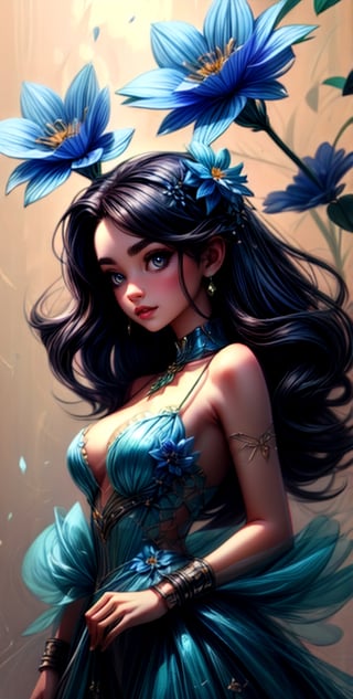 ((rossdraws style)), portrait of a woman with blue flowers in her hair, dress with floral elements, full body, futurism, punk, fantasy art, extremely detailed ,fantasy00d