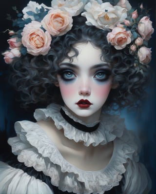 portrait, blowing messy hair, beautiful French girl Pierrot hanging a rose,  elegance, flowers on hair, sweet and cinematic expression, dynamic poses, large white ruffle collar, french pierrot makeup and a single black teardrop drawn below the eye, lace gown, pale skin, South Korean lipstick, large lips, gradient lipstick, thick eyebrows, moonlight, plump lips, acrylic, fantasy, detailed eyes, detailed fingers, realistic eyes, drawn pupils, white eyelashes, shine watercolor, detailed face, bright, bright eyes, jewelry, variegated hair, dancing glow, super-detailed face