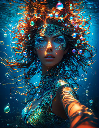 dynamic shoot portrait, beautiful Anfitrite the goddess of the sea, holding a trident ((Vibrant depictions of sound wawes)), colorful marine creatures, water bubbles, symphony, sweet expression, symphony of waves, sea melodies, vivid colors, 8k, inspired by Michael Cheval, beautiful eyes, perfect hands, beautiful face + symmetrical face,  highly detailed, intricate complexity, juxtaposing, epic composition, hands+five fingers hands, (intricate detail), (super detailed), 8k hdr, high detailed, soft cinematic lighting, atmospheric perspective, underwater world background, perfec teyes, 8K, absurdity, Magical Fantasy style