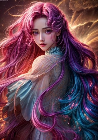 close up portrait of a goddess wearing a fashion couture dress embroidered with multicolored lace and precious luminous gems, long dark blowing wavy messy hair, night light city landscape, dynamic pose, (masterpiece, top quality, best quality, official art, beautiful and aesthetic:1.2), extreme detailed, colorful, highest detailed ,4K, best quality, smiling, optical mixing, playful patterns, lively texture, rich colors, unique visual effect, (masterpiece, top quality, official art), (light painting), (long exposure:1.2), dynamic streaks, extreme detailed, black paintings, candid moments captured, slumped, draped, ,euphemia li britannia