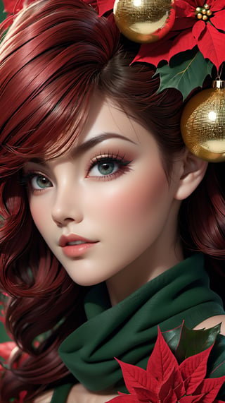 Intricate image of a Beautiful christmas woman with flowy flowe-like hair, work of beauty and complexity,  poinsettia christmas flower, crystal christmas balls, sweet face, hyperdetailed facial features, 8k UHD, close-up, alberto seveso style 