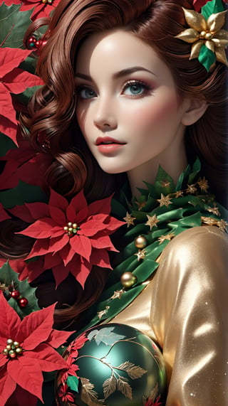 Intricate image of a Beautiful christmas woman with flowy flowe-like hair, work of beauty and complexity, poinsettia christmas flower, glass christmas balls, hyperdetailed facial features, 8k UHD, close-up, alberto seveso style 