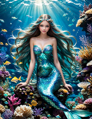((mermaid)), beautiful girl Immerse in the enchanting realm of the deep sea, where an exquisite mermaid glides gracefully through the azure waters. Her iridescent scales shimmer with a pearlescent glow, reflecting the gentle caress of sunlight filtering down from above. Long, flowing locks of blowing hair cascade around her, adorned with delicate strands of seaweed and shimmering pearls