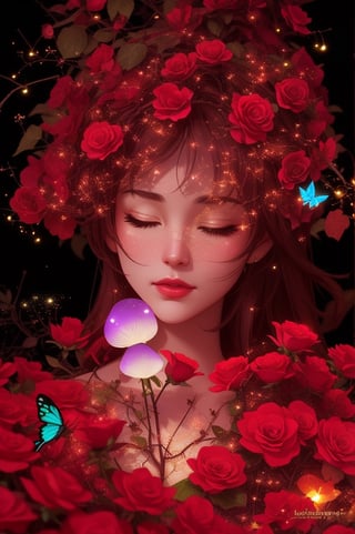 Fantasy in a glass, eyes closed, "ethereal roses, cute animals, glowing little mushrooms surrounded by delicate leaves and branches, and fireflies and glowing particle effects", (natural elements), (jungle theme), (leaves), (branches), (fireflies), butterflies, (delicate leaves), (glow), (particle effects), super realistic, super detailed, dramatic lightning, 4k, masterpiece,