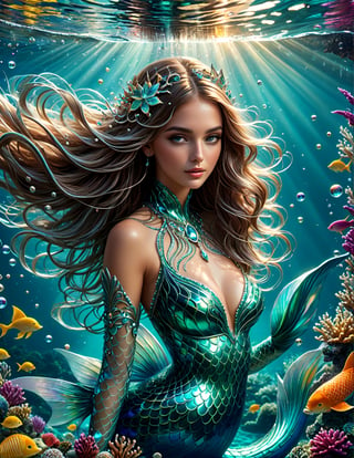 symphony, beautiful female mermaid enjoying music, blowing in the underwater sea, ((Vibrant depictions of sound wawes)),((Musical symbols )), waves forming music notes, colorful marine creatures, waer bubbles, symphony, sweet expression, symphony of waves, sea melodies, surrounded  by waves forming intricate sonic patterns, wide angle, vivid colors, 8k, inspired by Michael Cheval, beautiful eyes, perfect hands, beautiful face + symmetrical face,  highly detailed, intricate complexity, juxtaposing, epic composition, magical atmosphere + masterpiece, perfect hands+five fingers hands, (intricate detail), (super detailed), 8k hdr, high detailed, soft cinematic lighting, atmospheric perspective,ray tracing, underwater world background,ray tracing, perfec teyes, 8K, Film Poster, Her iridescent scales shimmer with a pearlescent glow, perfecteyes, absurdity, Magical Fantasy style,d1p5comp_style