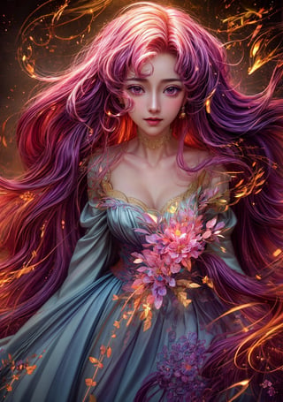 close up portrait of a goddess wearing a fashion couture dress embroidered with multicolored lace and precious luminous gems, long dark blowing wavy messy hair, flowers on her hair, night light city landscape, dynamic pose, (masterpiece, top quality, best quality, official art, beautiful and aesthetic:1.2), extreme detailed, colorful, highest detailed ,4K, best quality, smiling, optical mixing, playful patterns, lively texture, rich colors, unique visual effect, (masterpiece, top quality, official art), (light painting), (long exposure:1.2), dynamic streaks, extreme detailed, black paintings, candid moments captured, slumped, draped, ,euphemia li britannia
