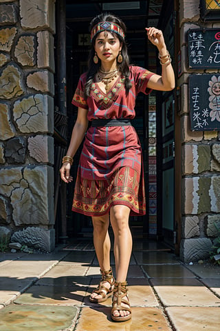 masterpiece, ultra high res, absurdres, fullbody dark-skinned inca princess, (multicolor feather headress),  dressed in (one-piece winter dress with a ethnic  pattern:1.2), dress without neckline and short sleeves. She has medium-length, long black hair. She also wears big round earrings and gold bangles, sandals, gold jewelry sun representation, looking at viewer,dynamic pose, dutch angle, andean mountains background, corn crops on stone terraces, glass floor, flying condor, orchids, High detailed 