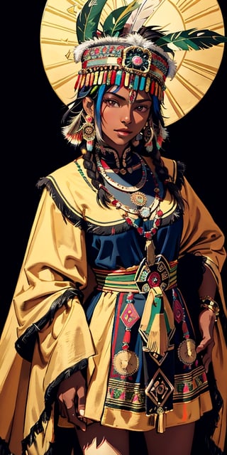 Tarot card with a frontal fullbody portrait of a dark-skinned Inca princess with a multicolored feather headdress | one-piece winter dress | gold earrings with representation of the sun | native | incredibly detailed | ornaments | high definition | conceptual art | digital art | vibrant,tibet,hanfulolita