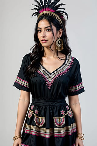 masterpiece, ultra high res, absurdres, fullbody dark-skinned inca princess, (multicolor feather headress),  dressed in (one-piece winter dress with a ethnic  pattern:1.2), dress without neckline and short sleeves. She has medium-length, long black hair. She also wears big round earrings and gold bangles, sandals, gold jewelry sun representation, simple background, looking at viewer,dynamic pose, dutch angle, 