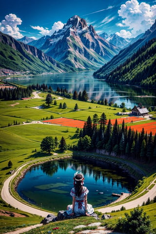 masterpiece, best quality, High resolution, anime style, View looking down from the top of the mountain, (Back view of a girl sitting on top of a mountain), (wearing a white dress and feather headress), mountain flowers are blooming around her, in the valley ahead is a large lake, ((There is a large inca temple on the other side of the lake)), around the lake is a meadow with a forest of use trees and settlements in places, 