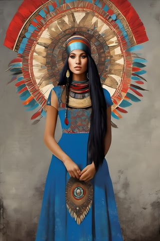 Neo Surrealism, overwhelmed by reason, by Gabriel Pacheco and Max Ernst, existential residues dark shines surrealism, blue, light gray and red color scheme, (dark-skinned girl),  (multicolor feather headress),  dressed in (one-piece winter long dress with a ethnic  pattern:1.5),  inca princess,  native peruvian,  dress without neckline and short sleeves. She has medium-length,  long black hair. She also wears big round earrings and gold bangles,  sandals,  gold jewelry sun representation, magical realism bizarre art, pop surrealism, like Alice in wonderland, whimsical art.,Flat vector art