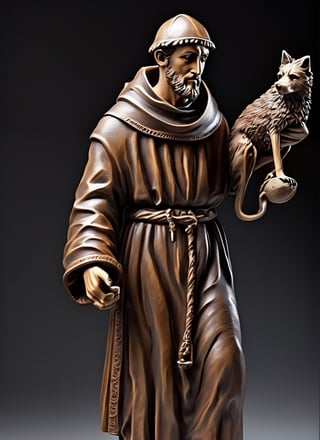 (masterpiece),(ultra realistic), (Highly detailed), ((full body sculpture of a young Saint Francis of Assisi)), ((28 years old)), standing, sandals, beard, large brown habit, (holding a skull in his hand), a single happy wolf at his side,dfdd,cyborg