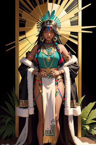 Tarot card with a frontal fullbody portrait of a dark-skinned Inca princess with a multicolored feather headdress | one-piece winter dress | gold earrings with representation of the sun | native | incredibly detailed | ornaments | high definition | conceptual art | digital art | vibrant,tibet,hanfulolita