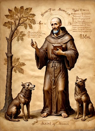 masterpiece, full body sculture of Saint Francis of Assisi, 30 years old, standing, sandals, man, beard, monk tonsure, masculine, large brown habit, with a skull in one hand, in the company of a wolf,on parchment,HellAI