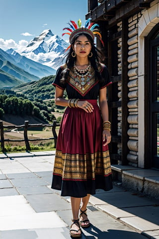 masterpiece, ultra high res, absurdres, fullbody dark-skinned inca princess, (multicolor feather headress),  dressed in (one-piece winter dress with a ethnic  pattern:1.2), dress without neckline and short sleeves. She has medium-length, long black hair. She also wears big round earrings and gold bangles, sandals, gold jewelry sun representation, looking at viewer,dynamic pose, dutch angle, andean mountains background,cap