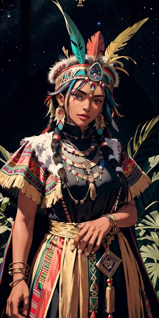 Tarot card with a frontal fullbody portrait of a dark-skinned Inca princess with a multicolored feather headdress | one-piece long winter dress | round gold earrings | gold bracelet | collarless dress | native | incredibly detailed | ornaments | high definition | conceptual art | digital art | vibrant,tibet,wearing wrenchpjbss