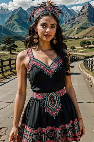 masterpiece, ultra high res, absurdres, fullbody dark-skinned inca princess, (multicolor feather headress),  dressed in (one-piece winter dress with a ethnic  pattern:1.2), dress without neckline and short sleeves. She has medium-length, long black hair. She also wears big round earrings and gold bangles, sandals, gold jewelry sun representation, looking at viewer,dynamic pose, dutch angle, andean mountains background,cap