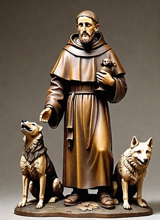 (masterpiece),(ultra realistic), (Highly detailed), ((full body sculpture of a young Saint Francis of Assisi)), ((28 years old)), standing, sandals, beard, tonsure, large brown habit, (holding a skull in his hand), a happy wolf at the side,DonML4zrP0pXL,aw0k geometry