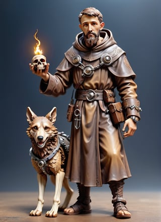 (masterpiece),(ultra realistic), (Highly detailed), ((full body sculpture of a young Saint Francis of Assisi)), ((28 years old)), standing, sandals, beard, large brown habit, (holding a skull in his hand), a single happy wolf at his side,ActionFigureQuiron style,Wizard,cyberpunk style,steampunk style