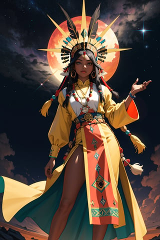 Tarot card with a frontal fullbody portrait of a dark-skinned Inca princess with a multicolored feather headdress | one-piece winter dress | gold earrings with representation of the sun | native | incredibly detailed | ornaments | high definition | conceptual art | digital art | vibrant, Magical Fantasy style, z1l4, wo_fmmika01, futureaodai, hyperanim, ti4r4, cloud, sky, EpicSky, arcane, EpicArt,nhatbinh