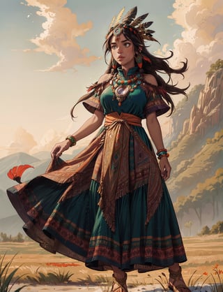 masterpiece, best quality, highly detailed, colorful, top, solo, realistic, ((full body shot of an attractive inca princess with multicolor feather headdress)), (dark-skinned), dressed in (one-piece winter long dress with a ethnic pattern:1.5), sandals, gold bangles, (big round gold earring), (posing candidly in an open field), (long hair, dark hair), slender, (surprised:1.8), wind:1.4, (ultra realistic), detailed face, detailed body, red-orange sky, clouds, greenery, green plains, , (cinematic, colorful)), huge field, (extremely detailed), Studio Ghibli inspired,EpicSky,clouds,hourglass body shape,sky,detailed skin texture and pores,film grain,real lighting,grainy,Instagram LUT,forest eyes,fish-eye lens,extremely detailed eyes,High detailed ,3DMM