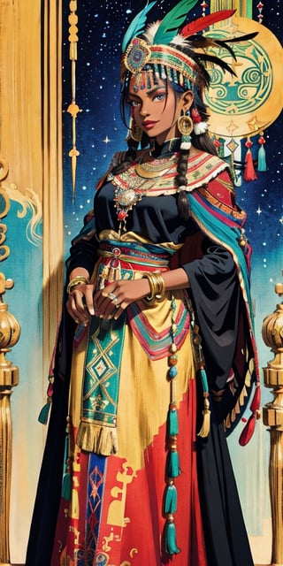 Tarot card with a frontal fullbody portrait of a dark-skinned Inca princess with a multicolored feather headdress | one-piece long winter dress | round gold earrings | gold bracelet | collarless dress | native | incredibly detailed | ornaments | high definition | conceptual art | digital art | vibrant,tibet,wearing wrenchpjbss,ohara koson