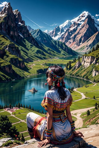 masterpiece, best quality, High resolution, anime style, View looking down from the top of the mountain, (Back view of a dark skinned girl sitting on top of a mountain), (wearing a white dress and feather headress), mountain flowers are blooming around her, in the valley ahead is a large lake, ((There is a large inca temple on the other side of the lake)), around the lake is a meadow with a andean forest of use trees in places, andean mountains, inca seetlements, native american trees,FFIXBG