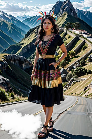 masterpiece, ultra high res, absurdres, fullbody dark-skinned inca princess, (multicolor feather headress),  dressed in (one-piece winter dress with a ethnic  pattern:1.2), dress without neckline and short sleeves. She has medium-length, long black hair. She also wears big round earrings and gold bangles, sandals, gold jewelry sun representation, looking at viewer,dynamic pose, dutch angle, andean mountains background,cap, beizu style