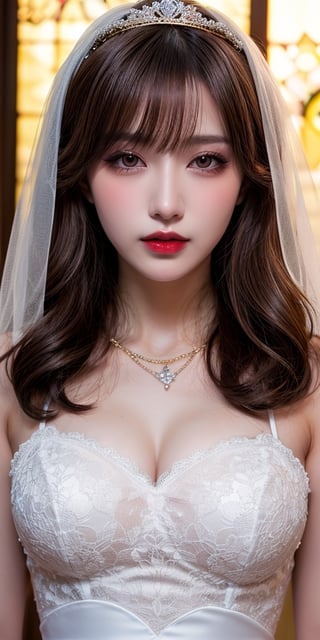 masterpiece,1girl,(mature female:0.5),tall body,golden proportions,(Kpop idol),(shiny skin:1.2),(oil skin:1.1),makeup,(close up),(church background),depth of field,(closed mouth:0.5),((long wavy brown hair)),(puffy eyes),(eyelashes:1.1),(parted lips:1.1),red lipstick,fantasy art style,dreamy light,(lace wedding dress:1.2),full body,(dreamy veil:1.1),(dusk:1.2),princess shoes,(diamond necklace),(crystal hairpin),tyndall effect,highres