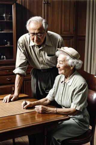 masterpiece, best quality, high detailed, park, ((old photo, photo from the 1950s)), photo of grandfather and grandmother, table, photo lying on the table,