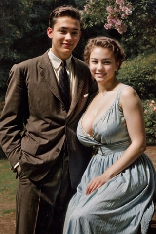 masterpiece, best quality, high detailed, park, ((old photo, photo from the 1950s, old style)), photo of a young girl and her boyfriend, ((teenagers, 16 years old couple)), loking at camera, sitting, very formal photo, formal clothes, ((gigantic size of breasts, cleavage, too large breasts, largest breasts at world)), painting, oil paint,big_natural_breasts