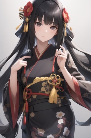 1girl, solo, long hair, looking at viewer, bangs, black hair, hair ornament, closed mouth, upper body, japanese clothes, hair flower, kimono, grey background, black eyes, lips, sash, realistic, ,Sexy Pose