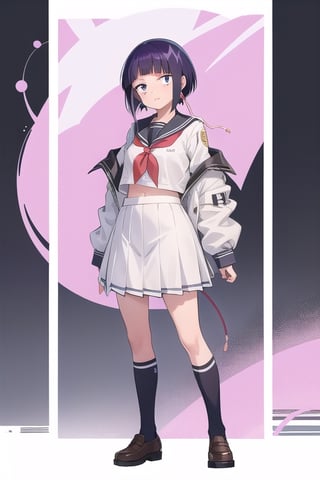 masterpiece, best quality, 1girl, solo, jirou_kyouka, long earlobes, full body, school uniform, crop top uniform, standing straight, classrom, dark short hair, nervous