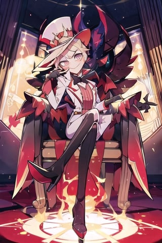 ((masterpiece, best quality)), 1boy, lucifer, full suit, cheeks, smile, thin, high heels, gloves, top hat, full body