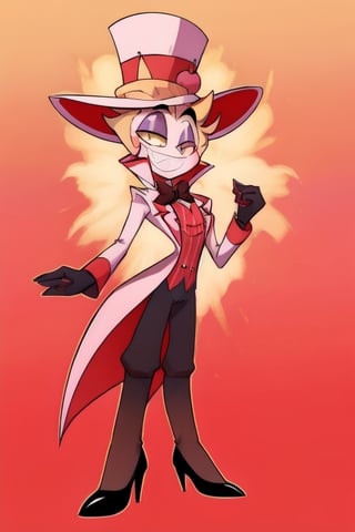 ((masterpiece, best quality)), 1boy, lucifer, full suit, cheeks, smile, thin, high heels, gloves, top hat, full body