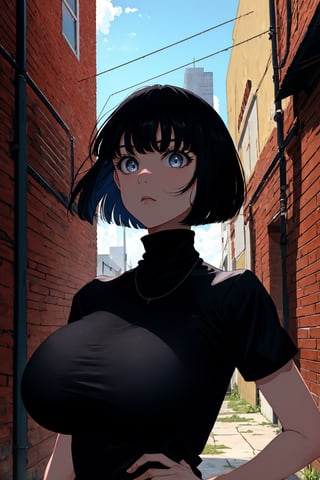 masterpiece, high quality, highres, 2D, illustration, upper body, face focus, 1girl, black hair, bobcut, bangs, blue eyes, closed mouth, black shirt, short sleeves, turtleneck, city, standing in an alley,HUGEFAKETITS, large fake breasts,