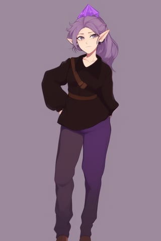 full body, plain grey background, 1girl, solo, amity_timeskip, clothes, amity, purple brown hair, long ears,best quality, human, ,masterpiece,Anime