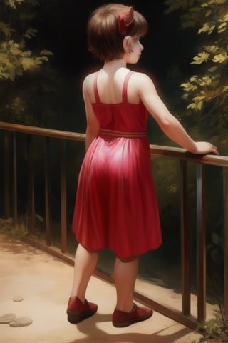 ((masterpiece, best quality, official art, hdr, high contrast, view from the back)), 1girl, solo, tiny girl, short, thin, short hair, tight clothes, pink summer dress, zoo, stand back, lean on the railing, look at animal enclosure,REALISTIC